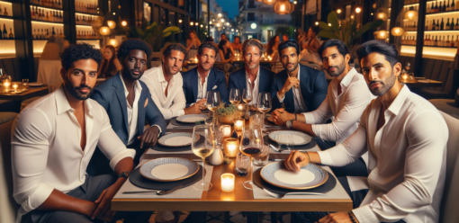 DALL·E 2023-11-20 15.02.26 - A bachelor party at a trendy restaurant in Cartagena, Colombia. The image shows a group of diverse men (Caucasian, Hispanic, Black, Middle-Eastern, So
