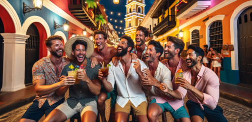 DALL·E 2023-11-20 14.56.26 - A bachelor party celebration in Cartagena, Colombia, with a group of men of diverse descents (Caucasian, Hispanic, Black, Middle-Eastern, South Asian)