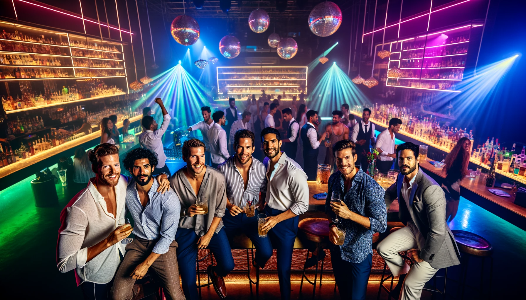 DALL·E 2023-11-20 14.59.06 - A bachelor party celebration in a vibrant nightclub in Cartagena, Colombia. The image shows a group of men of diverse descents (Caucasian, Hispanic, B