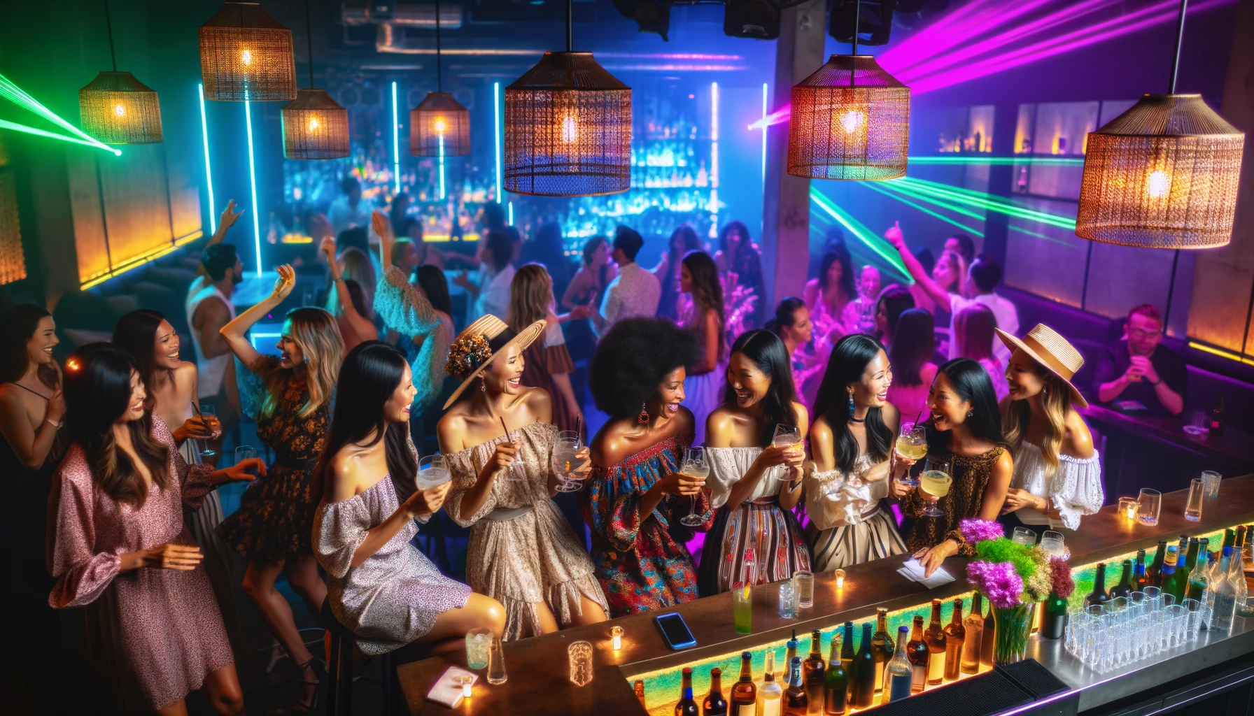 DALL·E 2023-11-20 15.01.15 - A bachelorette party celebration in a vibrant nightclub in Cartagena, Colombia. The image shows a group of women of diverse descents (Caucasian, Hispa