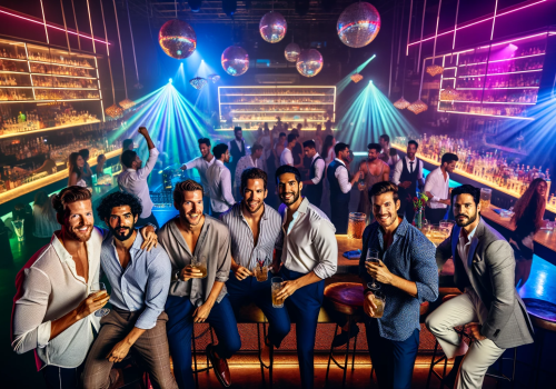 DALL·E 2023-11-20 14.59.06 - A bachelor party celebration in a vibrant nightclub in Cartagena, Colombia. The image shows a group of men of diverse descents (Caucasian, Hispanic, B