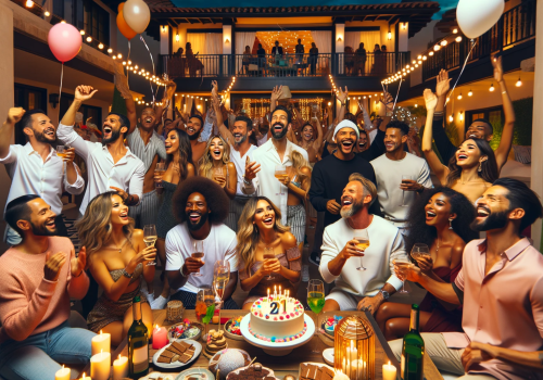 DALL·E 2023-11-20 15.06.05 - A large birthday celebration at a luxurious villa in Cartagena, Colombia. The scene shows a diverse group of men and women (Caucasian, Hispanic, Black