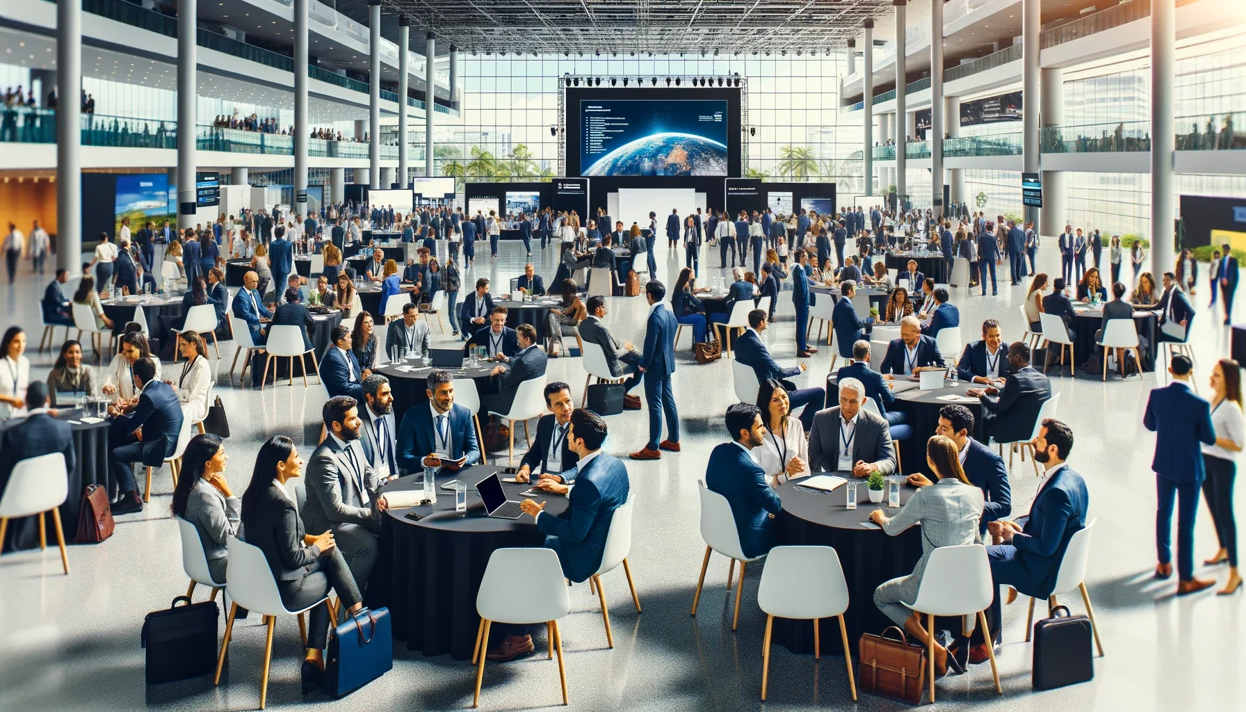 DALL·E 2023-11-20 15.06.31 - A corporate group travel event at a convention center in Cartagena, Colombia. The image shows a diverse group of professionals (Caucasian, Hispanic, B