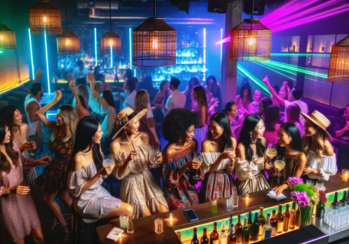 DALL·E 2023-11-20 15.01.15 - A bachelorette party celebration in a vibrant nightclub in Cartagena, Colombia. The image shows a group of women of diverse descents (Caucasian, Hispa