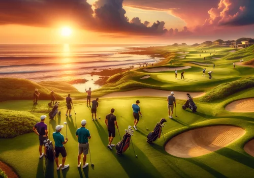 DALL·E 2023-11-20 15.03.22 – An image of people golfing at an oceanside golf course during sunset. The scene shows a picturesque golf course with lush green fairways and sand bunk (1) DALL·E 2023-11-20 15.03.22 - An image of people golfing at an oceanside golf course during sunset. The scene shows a picturesque golf course with lush green fairways and sand bunk (1)